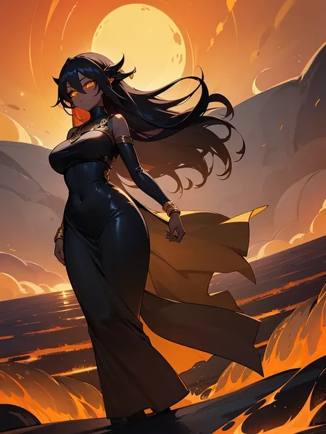 (((Alone Woman))),(((Black Skin))),(((lava hair))),(((serene golden eyes))),(Curvy body),(((Wearing a beautiful long dress))))