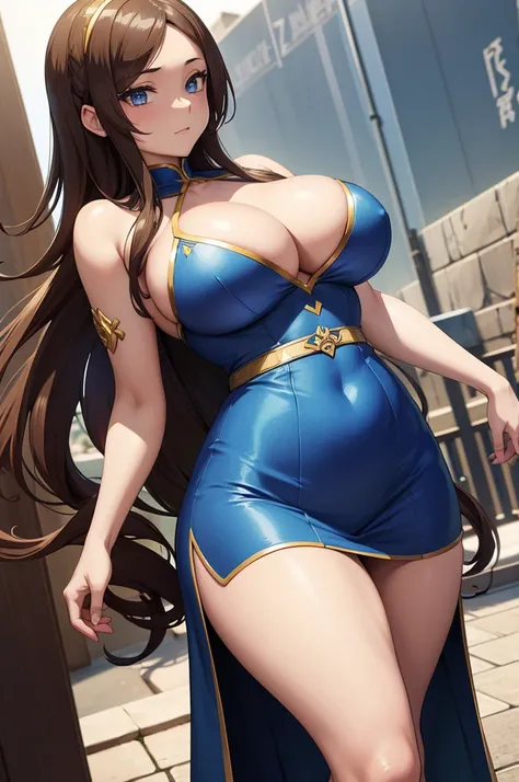 one Rebecca wearing blue clothes with gold accents, long light brown hair, blue eyes, sexy hourglass figure, Petra (one of the 7 wonders of the world) in the background, [ 4 k digital art ]!!, seductive anime girl, deviantart artstation cgscosiety, trendin...