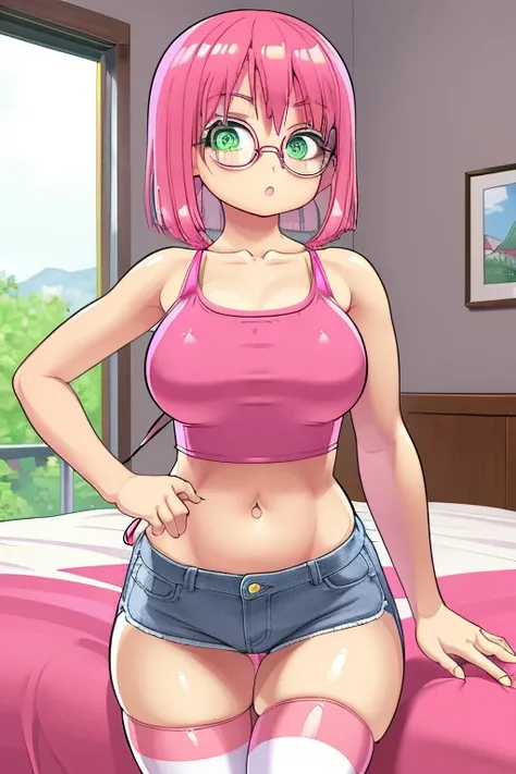 (masterpiece, best quality), 1girl, large breasts, small hips, green eyes, pink hair, crop top, denim shorts, bedroom, striped t...