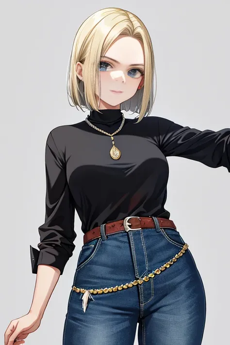 melhor qualidade, high resolution, e18, 1 garota, Android 18, Sozinho, cabelo loiro, olhos azuis, cinto, jeans, pearl_colar, pulseira, luvas pretas, camisa branca, cabelo curto, manga curta, brincos, blue pants, Colete aberto, colete preto, seios grandes, ...