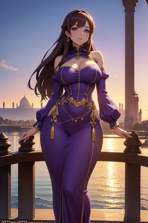 one Rebecca wearing purple clothes with gold accents, long light brown hair, blue eyes, sexy hourglass figure, Taj Mahal in background, [ 4 k digital art ]!!, seductive anime girl, deviantart artstation cgscosiety, trending on cgstation, 8k high quality de...