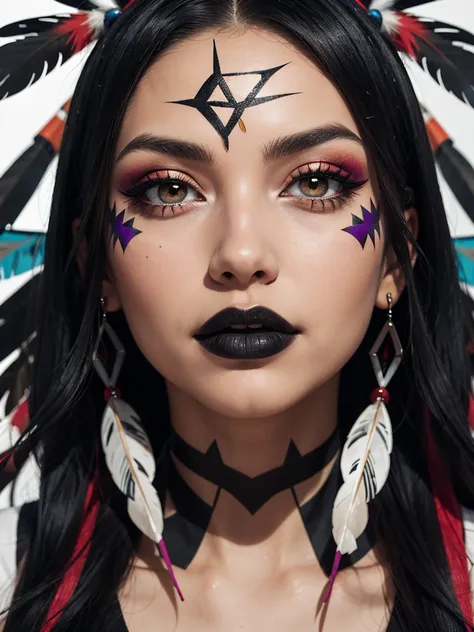 an abstract image of a beautiful native American girl with colorful make up, colorful hair, centered around geometric shapes and patterns, black an white