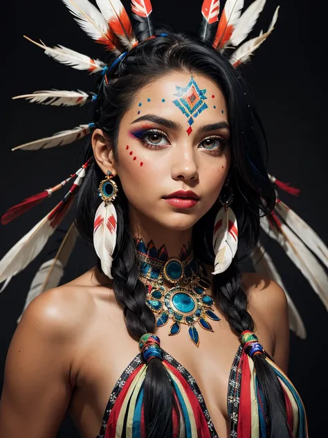 an abstract image of a beautiful native American girl with colorful make up, colorful hair, centered around ancestral nshapes and patterns, 