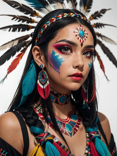 a highly abstract image of a beautiful native American girl with colorful make up, colorful hair, centered around ancestral shapes and patterns, 