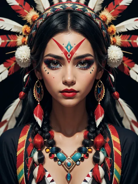 a highly abstract image of a beautiful native American girl with colorful make up, colorful hair, centered around ancestral shapes and patterns, 