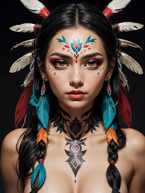 a highly abstract image of a beautiful naked native American girl with colorful make up, colorful hair, centered around ancestral shapes and patterns, 