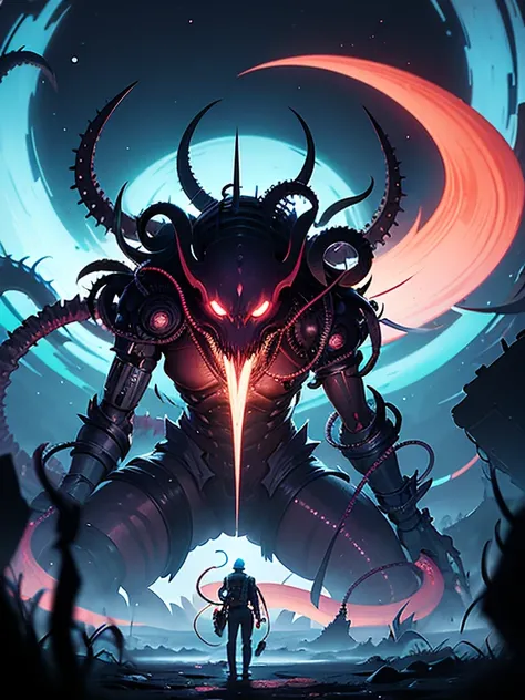 Create an illustration that envisions the awakening of a Lovecraftian entity like Cthulhu in a futuristic, cyberpunk world. Portray the entity emerging from a digital abyss, with tendrils and tentacles intertwined with cybernetic components. Explore the un...