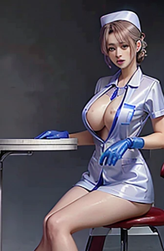 nurse uniform,hospital, latex nurse suit,nurses,busty,elbow gloves,labcoat,silverhair woman,blue eyes , gigantic boobs ,medical instruments,asian nurse,two nurses,speculum,examination room,oversize boobs, ,big ass ,strap on, lay on table ,legs spreaded,giv...