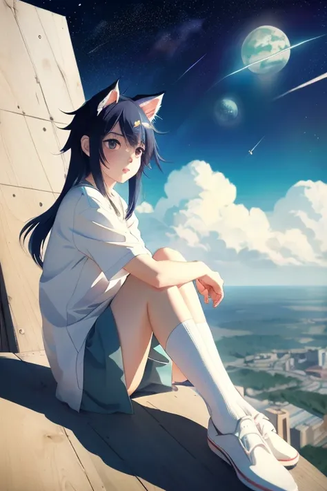 Anime cat-eared girl sitting on a ledge looking at the sky, Anime drawings inspired by Makoto Shinkai, It&#39;s trending on pixiv, space art, Makoto Shinkai Cyril Rowland, 4k anime wallpaper, anime art wallpaper 8k, anime art wallpaper 4k, anime wallpaper ...