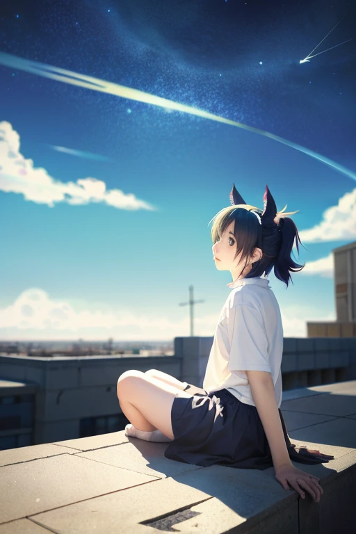 Anime cat-eared girl sitting on a ledge looking at the sky, Anime drawings inspired by Makoto Shinkai, It&#39;s trending on pixiv, space art, Makoto Shinkai Cyril Rowland, 4k anime wallpaper, anime art wallpaper 8k, anime art wallpaper 4k, anime wallpaper ...