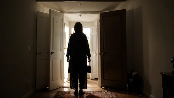 a scary lady standing at the door of a big dark bedroom 