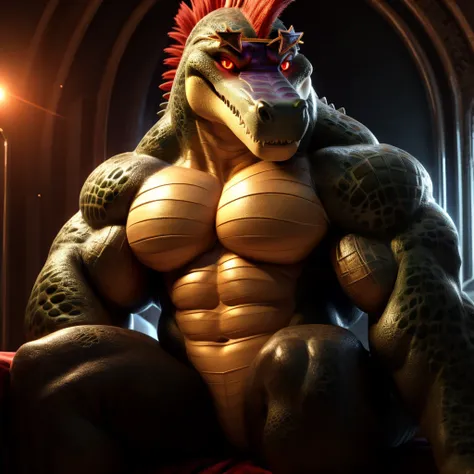 3D render, male, solo, alligator, full body, beefy, Muscle, Delicate face, Delicate eyes, realistic, masterpiece, highest quality, lens flare, unreal engine, trending on ArtStation, Intricate, High Detail, dramatic, realism,  realistic, sitting, bara, musc...