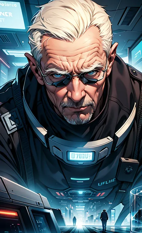 A handsome old man in police uniform，Get out of the room，Sighed secretly，futuristic city，Science fiction world，Close-up portrait，