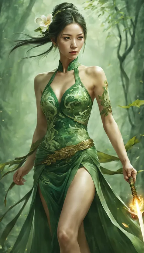 (A Full body Illustration:1.5), high definition|quality|contrast. Magic Fantasy art. a Chinese warrior woman wielding a spear, traditional dress in shades of green, a fenix tattoo on the right leg, in a battle pose, swirl of leaves around. her body emanate...