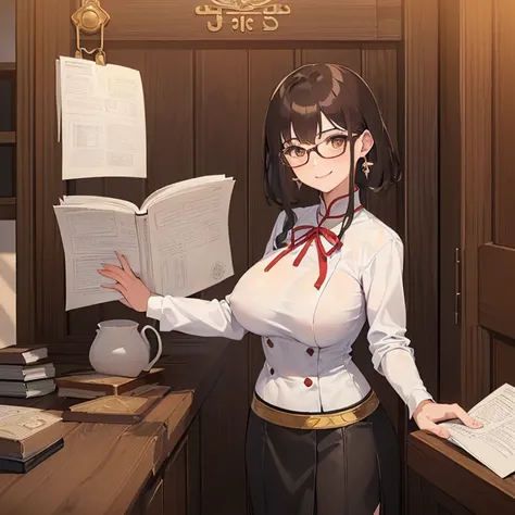 ((1 Woman, with a white mini blouse with Bhutan, with a black mini skirt with Bhutan, with white panties)),((brown hair)),((shallow eyes, with glasses, with a cute smile)), ((big breasts,((standing on a wooden counter with books and paper, in a medieval do...