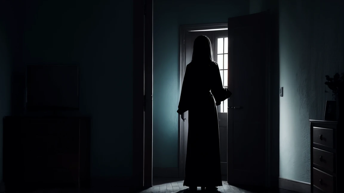 a scary possessed lady standing at the door of a dark bedroom