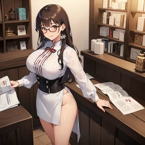 ((1 Woman, with a white mini blouse with Bhutan, with a black mini skirt with Bhutan, with white panties)),((brown hair)),((shallow eyes, with glasses, with a cute smile)), ((big breasts,((standing, facing the viewer, behind a wooden service counter with b...