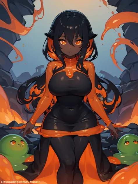 (((Slime Woman Alone))),(((Black Skin))),(((Lava Hair))),(((Orange eyes))),(Curvy body),(((Beautiful dress))),