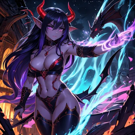 Tennage horny girl, (((demon girl))) cara detallada piel morena, vestimenta de bruja, aura maligna, alas de dragon, cuerpo con escamas y plumas, bola de energia, lanzando hechizo hechizera, ojos de maldad rojos, hechizo maligno, aura negra Sus ojos son gra...