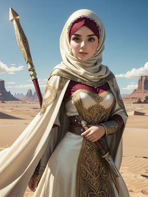 22 years old (cute:0.5) Fantasy (adventurer:1.4) princess, her face looks like Ariel Winter plus Hande Erçel, wears a (leather:0.5) pauldorn, an ((ivory)) and burgundy ornate caucasian dress and an ivory (hijab:1.5). Flowing khaki colored linen cape, pouch...