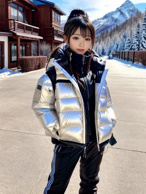 very detailed、masterpiece、Ski Resort Background、a woman in a (white down vest at northface):1.4, white puffer vest and black pants posing for a picture, model is wearing techtical vest, sportswear, sportswear, かわいいsportswear, nanocarbon-vest, white!!, whit...