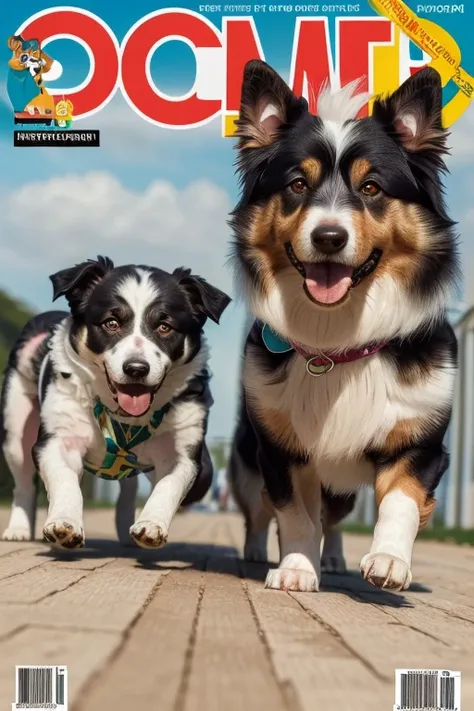 (((Magazine cover with main headlines illustration, propagandas, frases de destaque na capa da revista, Canine Cuteness is the title at the top of the magazine, the dog is between its owner&#39;s legs the dog is a Collie breed)))), com camiseta aberta desa...