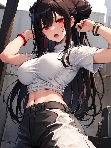 masterpiece, best quality, (1girl), solo, black hair, medium hair, hair bun, assymetrical bangs, blunt bangs, red eyes, ((empty eyes)), saliva, open mouth, black sweater with short sleeves, bracelet, wide trousers, large breasts