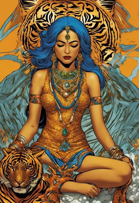 detailed clean line marvel comic photography, with beautiful details and clean finishing: indian hindu goddess. she has four han...