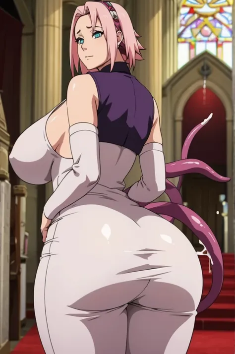 bride sakura haruno in an extremely tight wedding dress, lust desire face, with her extremely_gigantic _huge_breasts naked in church, extremely giant tentacle penetrating hard in her your ass, tentacles fuck, tentacles sex, tentacles penetration, cum insid...