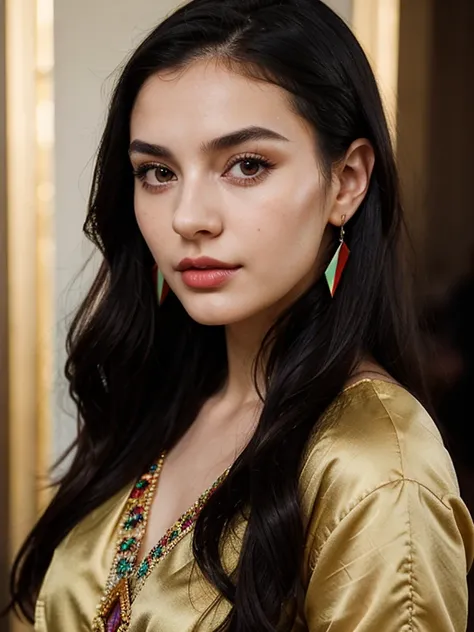 Portrait of 1 young 20yo woman, black hair, wearing colorful dress, perfect eyebrow, perfect lips, perfect nose, professional color graded, wonderful woman, cute russian woman, sharp focus, long hair