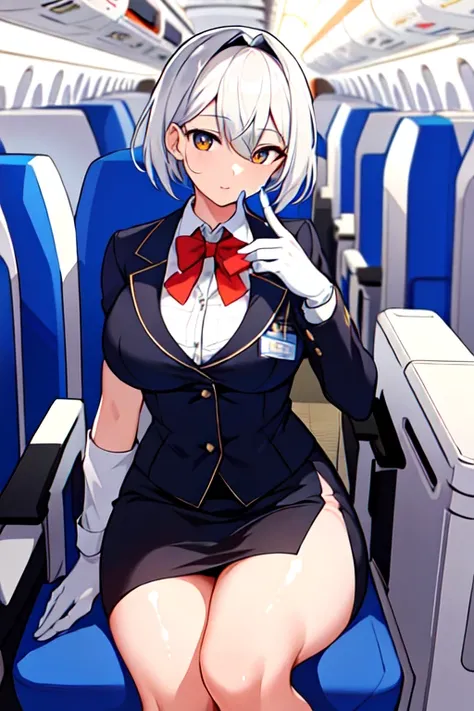 (masterpiece:1.2, highest quality), 1 female, alone, flight attendant, uniform, plane, Provision of services to passengers, Provide safety precautions, Response to emergencies, bangs, (shiny skin:1.15),