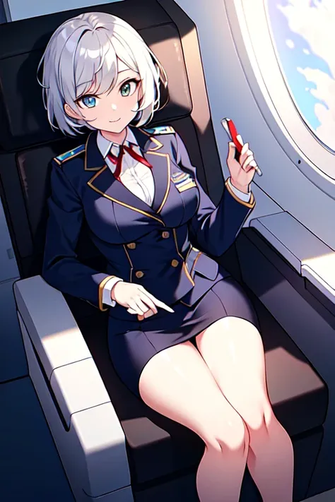 (masterpiece:1.2, highest quality), 1 female, alone, flight attendant, uniform, plane, Provision of services to passengers, Provide safety precautions, Response to emergencies, bangs, (shiny skin:1.15),