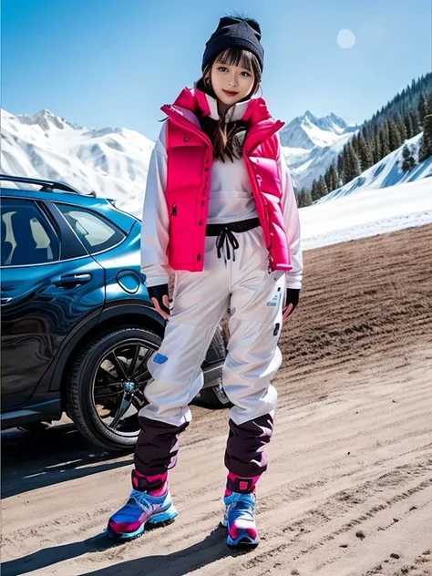 very detailed、masterpiece、Ski Resort Background、a woman in a (white down vest at northface):1.4, white puffer vest and black pants posing for a picture, model is wearing techtical vest, sportswear, sportswear, かわいいsportswear, nanocarbon-vest, white!!, whit...