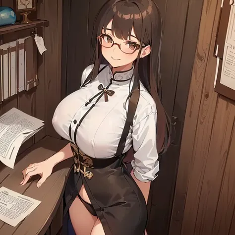 ((1 Woman, with a white mini blouse with Bhutan, with a black mini skirt with Bhutan, with white panties)),((brown hair)),((shallow eyes, with glasses, with a cute smile)), ((big breasts,((standing, facing the viewer, wooden mural with papers pinned up, a ...