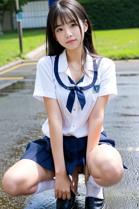 ((highest quality)), ((masterpiece)), 18 year old real Japanese beautiful high school girl、Summer school uniform、beautiful thighs、40cm miniskirt above the knee、My hair is wet from the heavy rain、My underwear is transparent due to the heavy rain、My chest is...