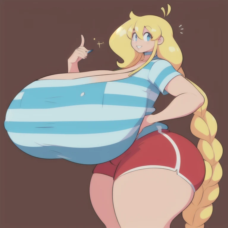 masterpiece, best quality, 1girl, solo, cassie, theycallhimcake, blonde hair, very long hair, braid, bow, striped shirt, red shorts, gigantic breasts, blue shirt, smile, thick lips, parted lips, bimbo