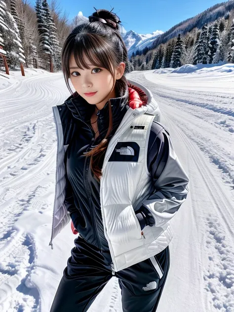 very detailed、masterpiece、Ski Resort Background、a woman in a (white down vest at northface):1.4, white puffer vest and black pants posing for a picture, model is wearing techtical vest, sportswear, sportswear, かわいいsportswear, nanocarbon-vest, white!!, whit...