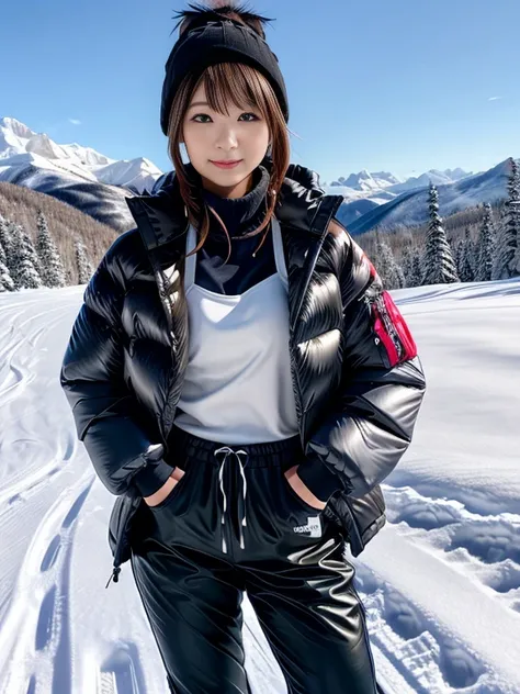 very detailed、masterpiece、Ski Resort Background、a woman in a (white down vest at northface):1.4, white puffer vest and black pants posing for a picture, model is wearing techtical vest, sportswear, sportswear, かわいいsportswear, nanocarbon-vest, white!!, whit...