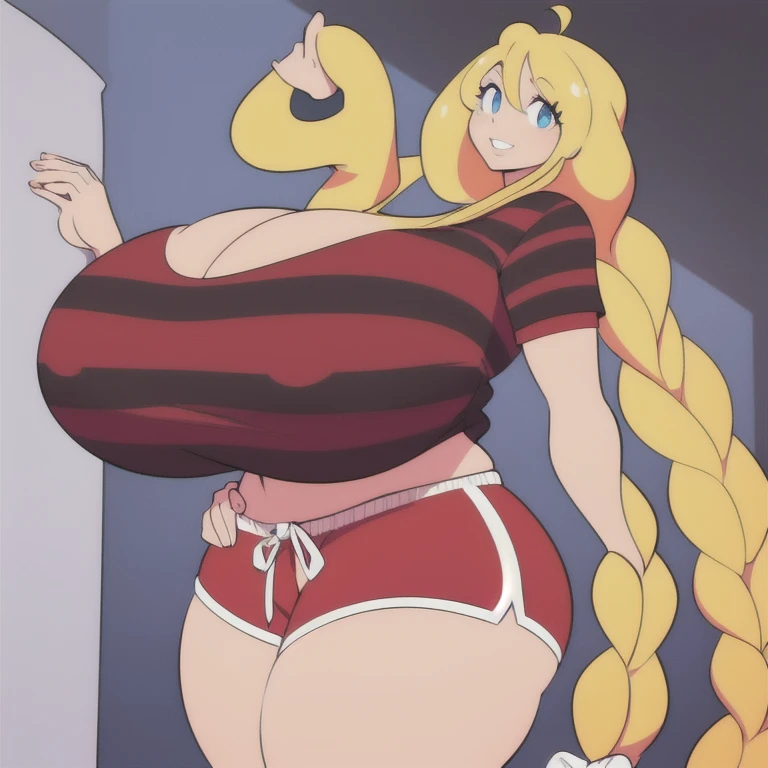 masterpiece, best quality, 1girl, solo, cassie, blonde hair, very long hair, braid, bow, striped shirt, red shorts, gigantic breasts, blue shirt, smile, thick lips, parted lips, bimbo