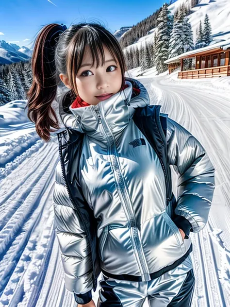 very detailed、masterpiece、Ski Resort Background、a woman in a (white down vest at northface):1.4, white puffer vest and black pants posing for a picture, model is wearing techtical vest, sportswear, sportswear, かわいいsportswear, nanocarbon-vest, white!!, whit...