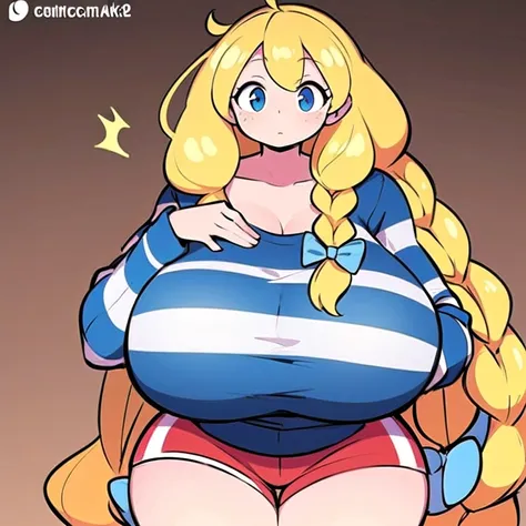 (cassie, theycallhimcake, blonde hair, very long hair, braid, bow, striped shirt, white stripes, long sleeves, red shorts, gigantic breasts, blue shirt)