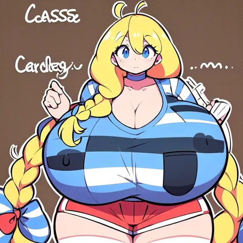 (cassie, theycallhimcake, blonde hair, very long hair, braid, bow, striped shirt, white stripes, red shorts, gigantic breasts, blue shirt)