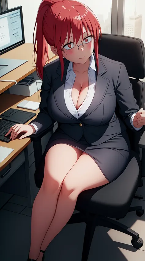 an illustration of showing a cartoon woman in a black dress in front of a computer as she points, 1girl, huge_breasts, high heels, office lady, solo, skirt, long hair, sitting, office chair, cleavage, chair, pointing, large breasts, jacket, black footwear,...