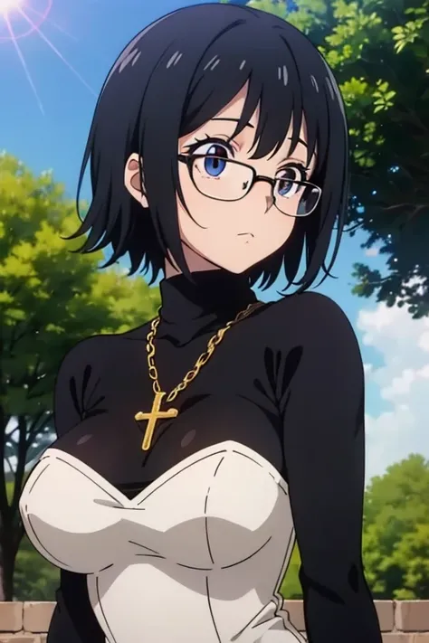 Shizuku Murasaki, 1girl, cute, black hair, short hair, glasses, expressionless, huge breast, ((tight black long sleeve turtleneck:1.5)), (upper body, looking at view, down arms), (masterpiece, high resolution, best quality, anime colored, anime screencap, ...