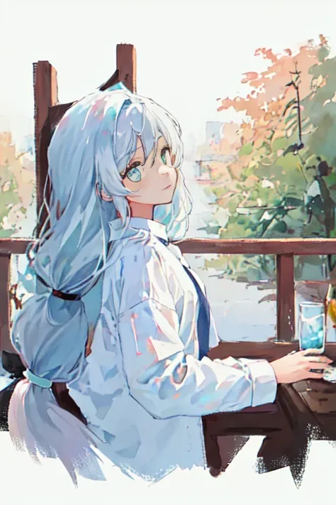 (best quality, masterpiece), 1 girl, (female focus), ahog, white blue hair, ((white shirt), (overfitting shrit)), long hair, per...