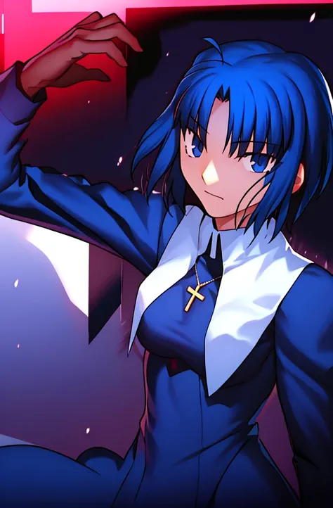 (best quality, 4k, 8k, highres,m asterpiece:1.2), (ultra-detailed:1.6), slender figure, (soft, delicate features:1.1), (vivid colors), ciel_(tsukihime), cowboy shot, 1girl, solo, (long sleeves black dress;1.4), chain, habit open, sad, looking at viewer, an...