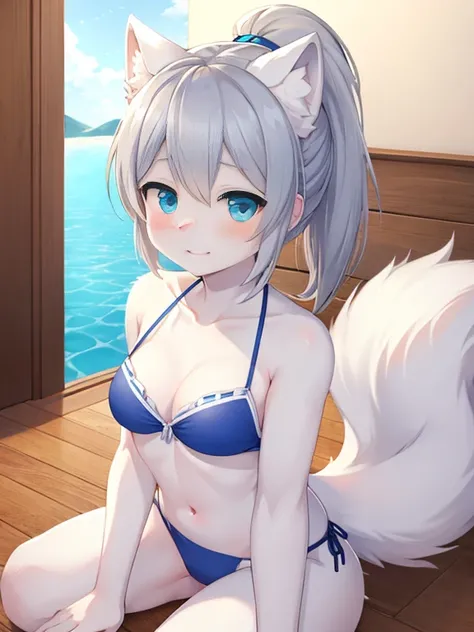 best quality、cute、gray hair、blue eyes、ponytail、arctic fox、fluffy tail、Erotic swimwear、embarrassing