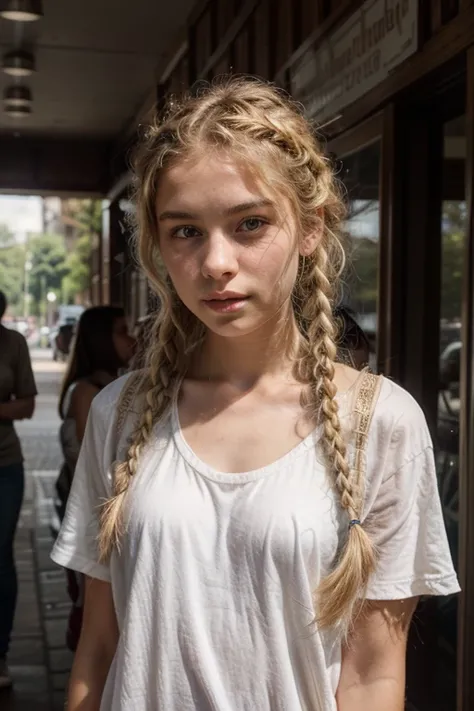 a 16 year old girl with blonde braided hair, in public, selfie, portrait, looks shocked