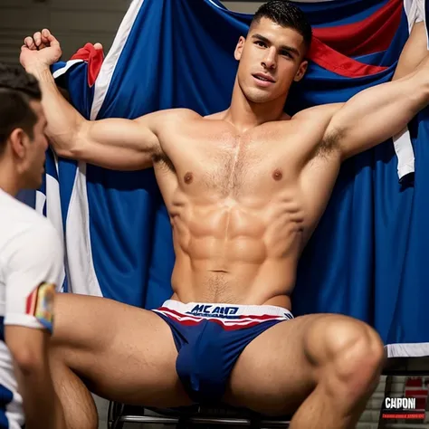 Capitan musculoso de futbol americano  borracho y sin camisa, masturbated and kissed on the mouth by a cheerleader man smaller and thinner than him, bulto grande, solo en ropa interior, mostrando pectorales y abdominales completos,wet dreams, Great erectio...