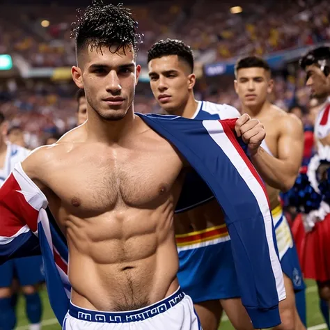 Capitan musculoso de futbol americano  borracho y sin camisa, masturbated and kissed on the mouth by a cheerleader man smaller and thinner than him, bulto grande, solo en ropa interior, mostrando pectorales y abdominales completos,wet dreams, Great erectio...